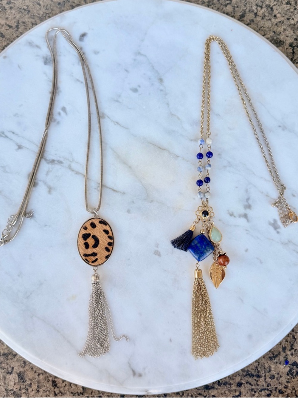 Bundle of Two Gold Multi-Charm Tassel Necklaces with Leopard Blue & Navy Accents